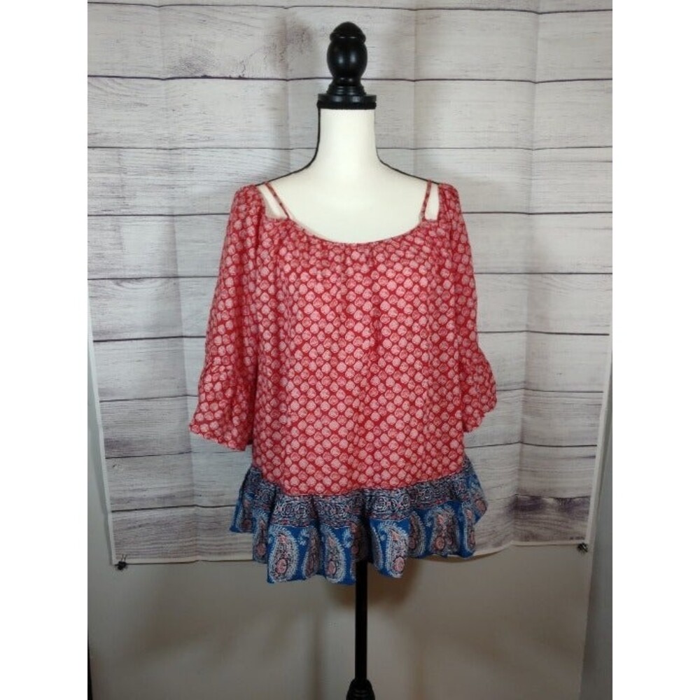 Beach Lunch Lounge Red/Blue Floral/Paisley LS Blouse 100% Viscose, Size Med